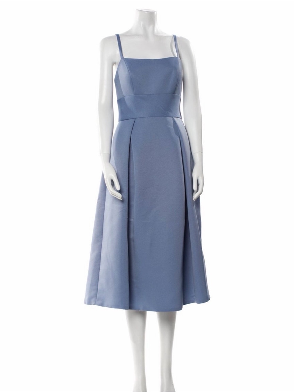 Amsale Dusty Blue Midi Dress with Square Bodice and Spaghetti Straps